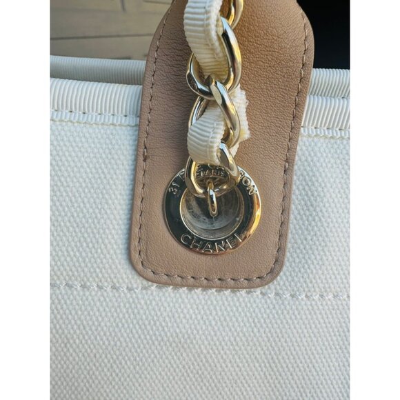 Chanel Beige Canvas & Leather Chain Tote Bag With Dual Handles & Logo Embroidery - Picture 7 of 16